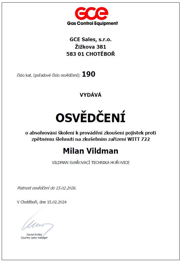 Milan Vildman - certifikát 